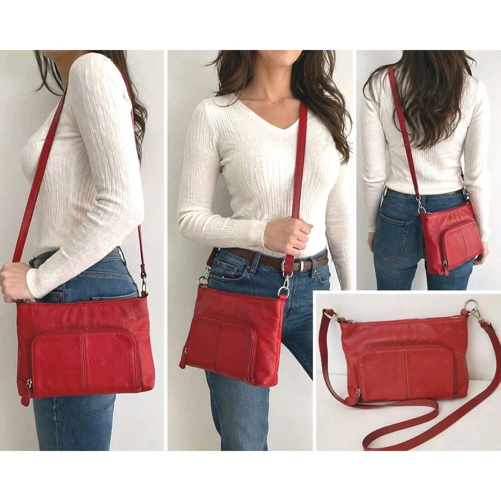Tignanello Red Pebbled Leather Crossbody Bag Organizer Wallet Purse Crossbod Bag